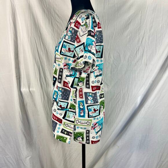 SB Scrubs Top Christmas Winter Snowman Unisex Medium Pockets Nursing Medical - Picture 7 of 9